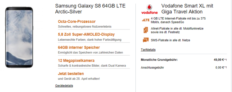 Vodafone Smart XL mit 4GB LTE + Samsung Galaxy S8 oder Galaxy S8 Plus ab 50,03€ mtl.