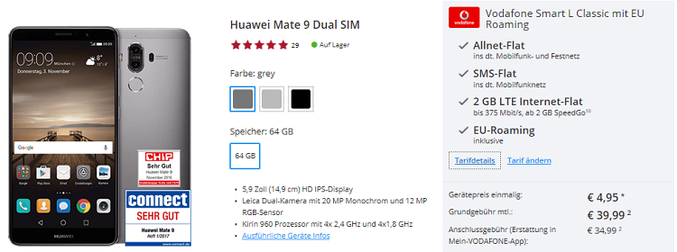 Vodafone Smart L mit 2GB LTE + Huawei Mate 9 für 40,20€ mtl.