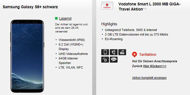 Samsung Galaxy S8+ für 79€ (statt 898€) mit Vodafone Smart L mit 2 GB für 46,78€ mtl.