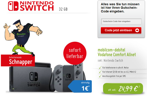 HOT! Nintendo Switch für 1€ (statt 330€) + Vodafone Comfort Allnet mit 2GB für 25,16€/Monat