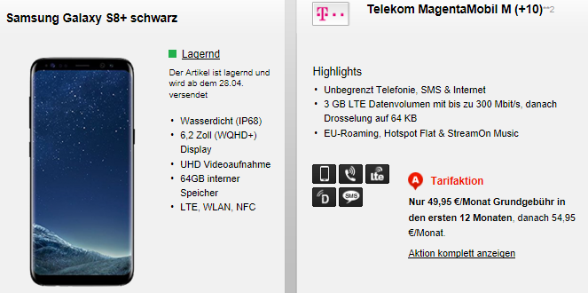 Samsung Galaxy S8+ für 1€ (statt 898€) mit Telekom MagentaMobil M inkl. StreamOn mit 3 GB für 52,49€ mtl.