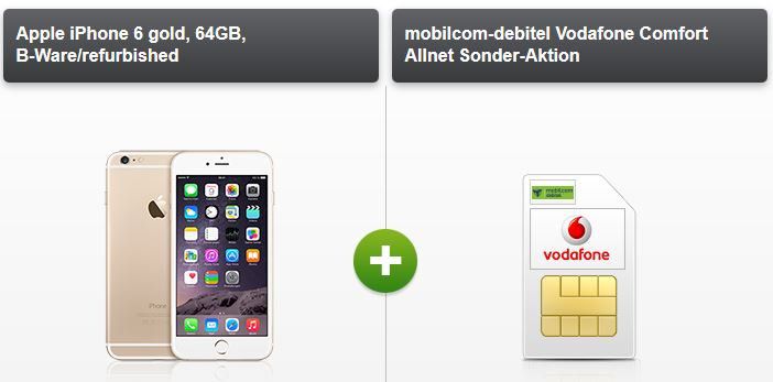 Apple iPhone 6 gold o. silber 64GB [refurb.]  + Vodafone AllNet Flat + 2GB Daten (bis zu 42,2 Mbit/s) für 19,99€ mtl.