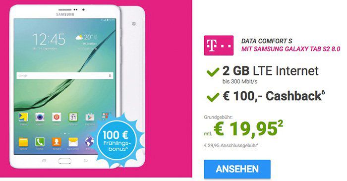 Telekom oder Vodafone LTE Tarife ab 19,95€ mtl. + Galaxy Tablet für 4,95€ + ggf. 100€ Cashback