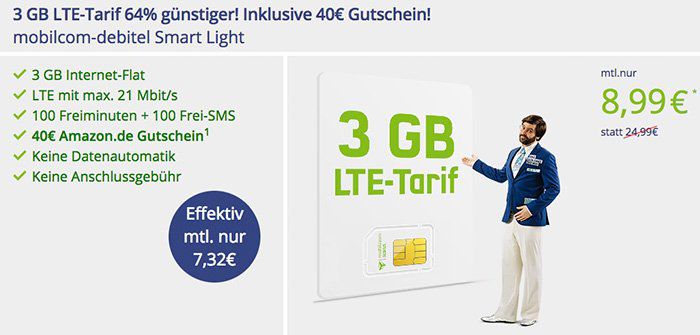 Knaller! o2 Smart Light mit 3GB LTE für eff. 7,32€ mtl. dank 40€ Amazon Gutschein