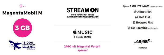 Telekom Magenta Mobil Tarife mit StreamOn + gratis Apple Music + Galaxy S8 ab 1€