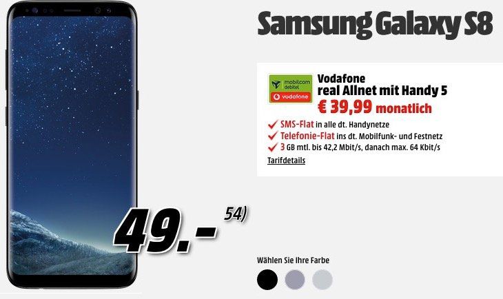 Vodafone Allnet +  3GB (42 MBit) 39€ mtl. + Samsung Galaxy S8 für 49€