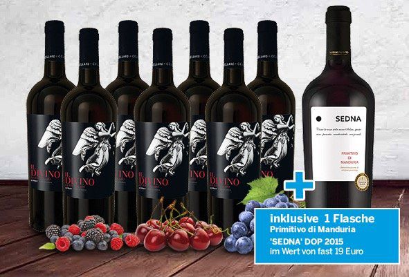 7 Flaschen Divino Syrah + 1 Flasche Sedna Primitivo di Manduria für 39,90€