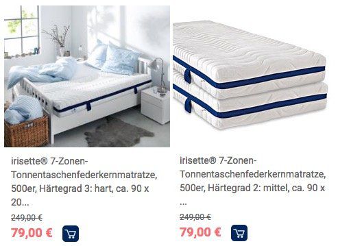 Knaller? irisette 7 Zonen Tonnentaschenfederkernmatratze (H2 oder H3) 100 x 200cm für je 71,10€