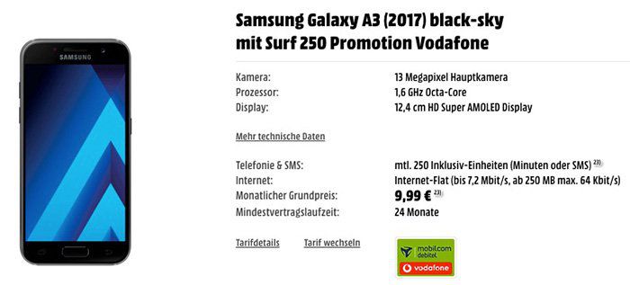 Samsung Galaxy A3 (2017) + kleiner Vodafone Tarif mit 250MB für 9,99€ mtl.