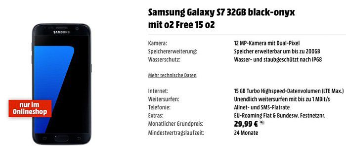 Samsung Galaxy S7 für 49€ + o2 Free Allnet Tarif mit 15GB LTE für 32,45€ mtl.