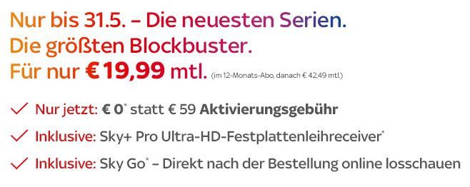 Sky Entertainment + Cinema inkl. Pro UHD Receiver und 0€ Aktivierungsgebühr für 19,99€ mtl.