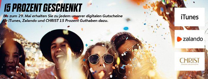 15% Guthaben geschenkt beim Kauf von iTunes, Zalando oder Christ Gutscheinen