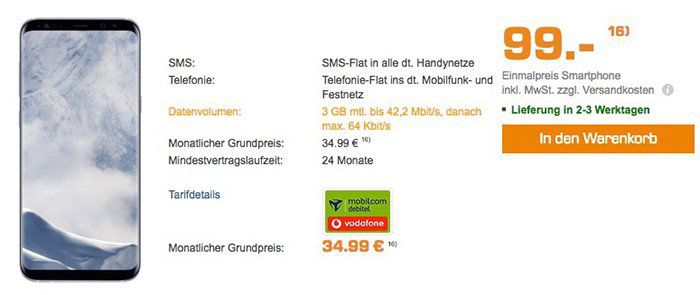 Samsung Galaxy S8 Plus für 99€ + Vodafone Allnet Flat mit 4GB für 34,99€ mtl.