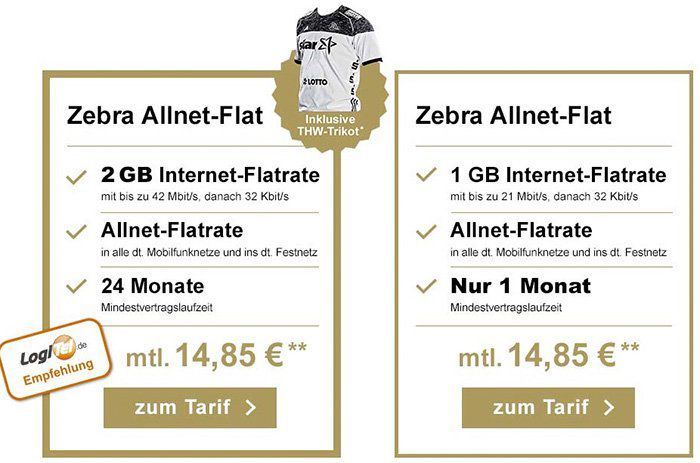 Telekom Tarife mit 1GB oder 2GB ab 9,95€ mtl. + ggf. gratis THW Trikot   mit 1 oder 24 Monaten Laufzeit!