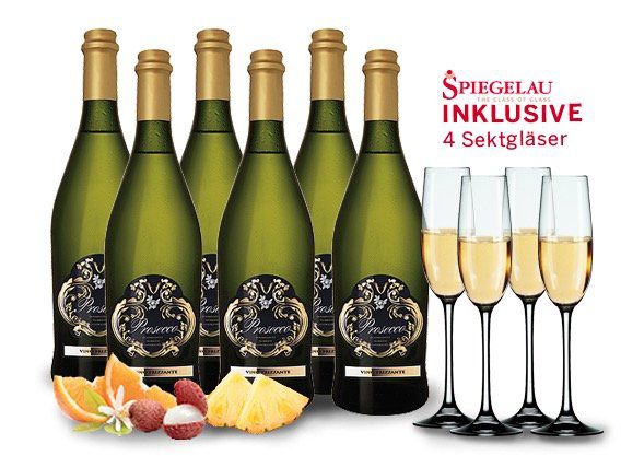 6 Flaschen Prosecco Frizzante Silvio + 4 Sektgläser für 44,94€