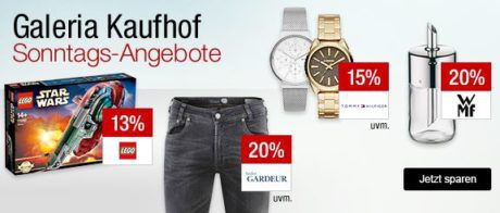 Galeria Kaufhof Sonntagsangebote   z.B. 15% Rabatt auf alle Düfte, Pflege und Make Up   20% Rabatt auf Gesellschaftsspiele, Schreibwaren, WMF ....