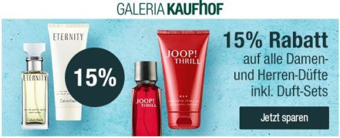 Galeria Kaufhof: 15% Rabatt auf alle Damen  und Herrendüfte inkl. Duft Sets bis Mitternacht!