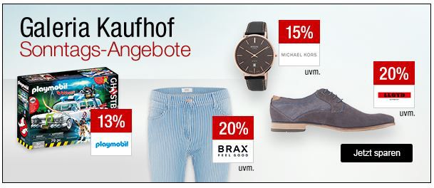 Galeria Kaufhof Sonntagsangebote   z.B. 15% Rabatt auf Whisky, Parrot Drohnen, DUPLO, G Star und mehr