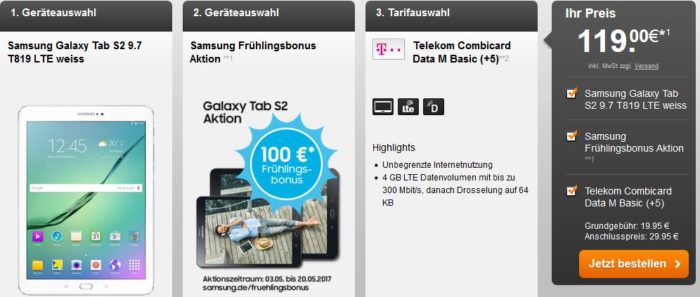 Samsung Galaxy Tab S2 9.7 LTE Tablet + Telekom 4GB LTE (bis 150Mbit/s) für 26,99€   Magenta Kunden 21,99€ mtl.