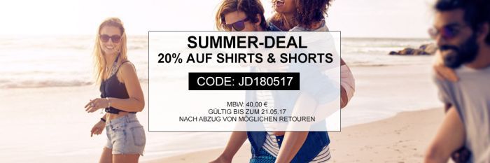 20% Extra Rabatt auf Shirts und Shorts bei Jeans Direct bis Mitternacht!