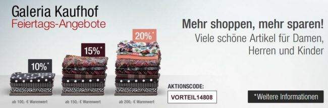 Galeria Kaufhof Feiertagsaktion: bis 20% Rabatt auf Damen, Herren und Kinderfashion + VSK frei