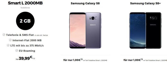 Top! Samsung Galaxy S8 oder S8 + mit Vodafone Allnet + SMS Flat   2 o. 4GB Daten ab 39,99€ mtl.