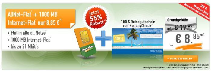 Telekom Allnet Flat + 1GB für 8,85€ mtl. + 100 € HolidayCheck Reisegutschein