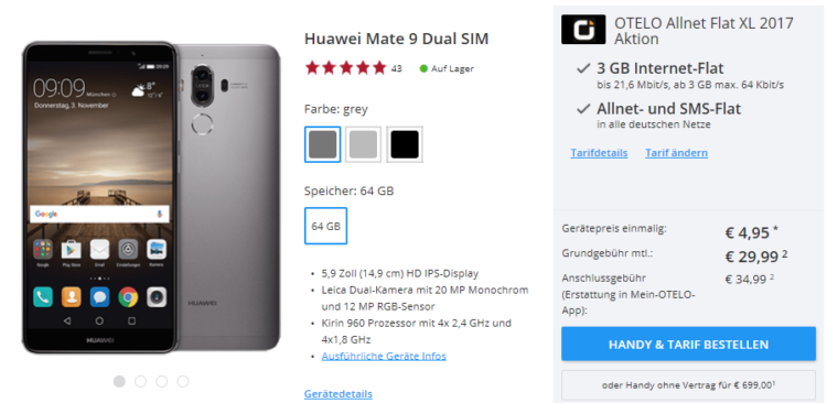 otelo Allnet Flat XL (Vodafone) mit 3GB für 29,99€ mtl. + Huawei Mate 9 für 4,95€