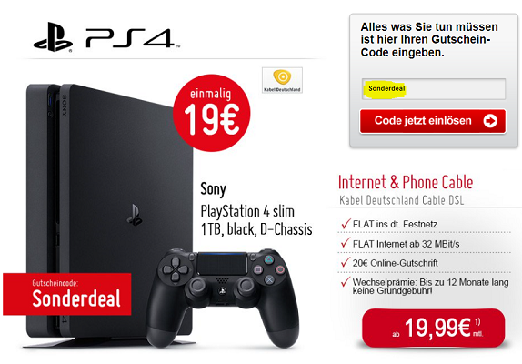 Vodafone DSL + Playstation 4 slim 1TB + Festnetzflat für 30,36€ mtl.