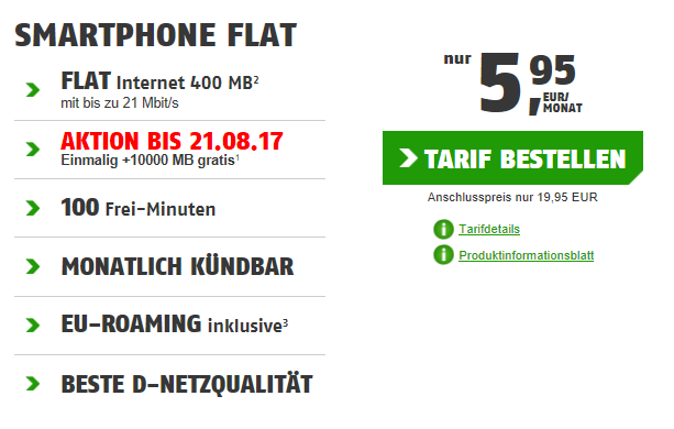 Telekom Smart Flat mit 400MB für einmalig 19,95€ und 5,95€ mtl.   monatlich kündbar + 10 GB im 1. Monat gratis