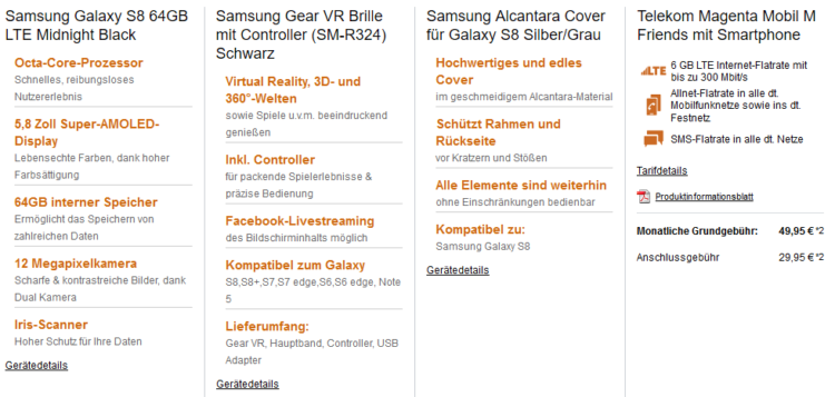 Samsung Galaxy S8 + Zubehör für 1€ + Telekom Magenta Mobil M mit 3GB LTE für 53,74€ mtl.