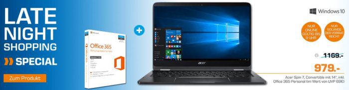 Acer Spin 7   14 Zoll Convertible mit i7, 256GB Speicher, 8GB RAm, Win 10 + Office  statt 1.180€ für 945€