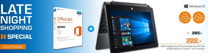 ACER Switch One 10 (SW1 011 11AN)   10 Zoll Convertible mit Win 10, 4GB RAM, 64GB Speicher + Office für 222€