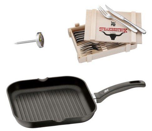 WMF Steak Besteck in Holzkiste + Grillpfanne + Thermometer für 69€ (statt 81€)