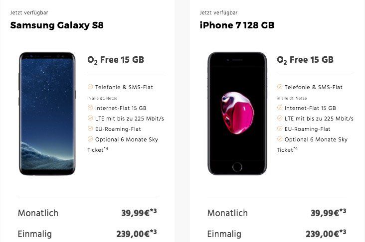 Div. Smartphones (iPhone 7 128GB, Galaxy S8 uvm.) + o2 Free 15GB LTE Tarif ab 34,99€ mtl.