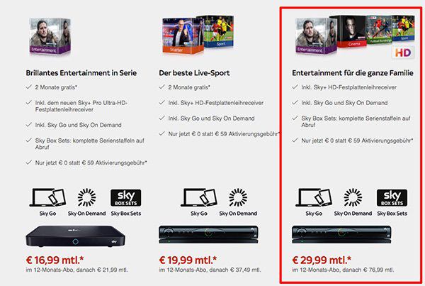Alle Sky Pakete in HD (Cinema, Sport, Bundesliga, Entertainment) nur 29,99€ mtl. + keine Aktivierungsgebühr