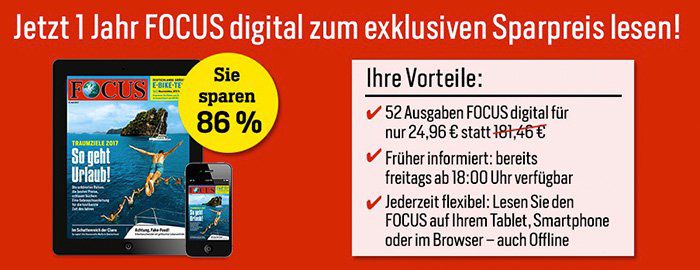 1 Jahr lang Focus digital für 24,96€ lesen (statt 181,46€)