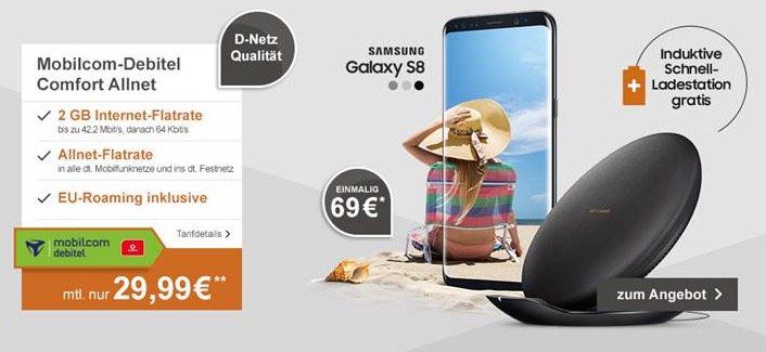 Samsung Galaxy S8 + induktive Ladestation für 69€ + Vodafone Allnet Flat mit 2GB für 29,99€ mtl.