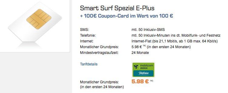 E Plus Smart Surf mit 1GB LTE für 5,98€ mtl. + 100€ Saturn Gutschein