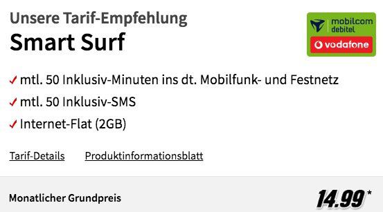 Vodafone Smart Surf mit 2GB für 14,99€ mtl. + Galaxy S7 für nur 49€