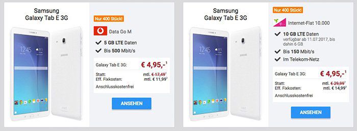 Samsung Galaxy Tab E für 4,95€ + 5GB LTE im Vodafone Netz oder 10GB LTE im Telekom Netz
