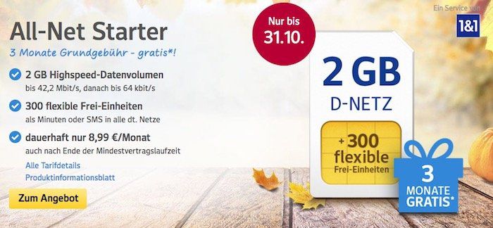 Nur noch bis Morgen! 1&1 All Net & Surf Special ab 6,99€/Monat   bis zu 300 Freieinheiten + 3 GB Internet   3 Monate gebührenfrei!