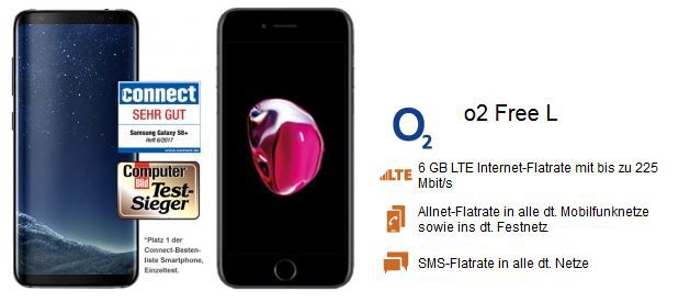 Samsung S8 o. Apple iPhone 7 + O2 Allnet + SMS Flat inkl. 6GB Daten ab 44,99€ mtl.