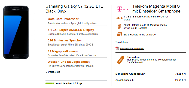 Samsung Galaxy S7 für 1€ + Telekom Magenta Mobil S mit 1 GB LTE für 38,74€ mtl.