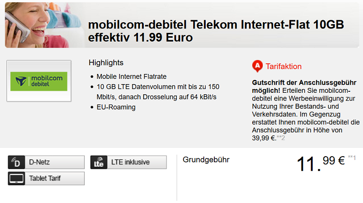 Telekom LTE Datenflat bis zu 150 Mbit/s mit 10GB ab 11,99€