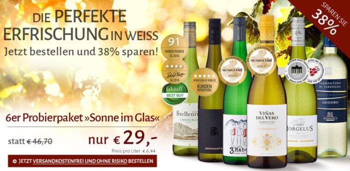 Vorbei! 6 Flaschen Weißwein   Probierpaket Sonne im Glas für nur 29€