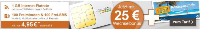 klarmobil Smart Flat mit 100 Minuten + 100 SMS + 1GB für 4,95€ mtl. + 100€ HolidayCheck Gutschein