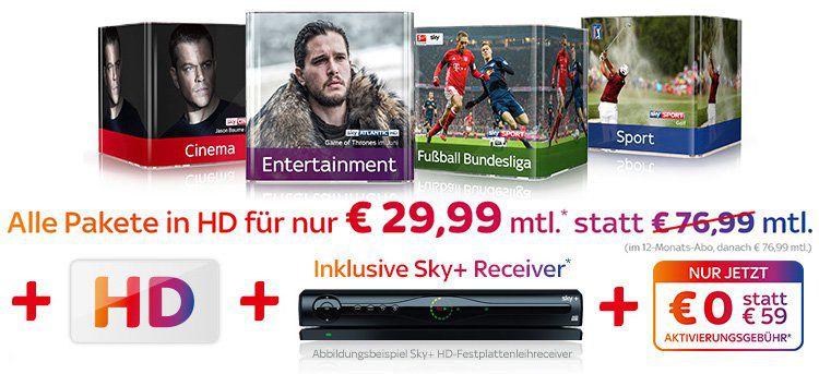 Alle Sky Pakete in HD (Cinema, Sport, Bundesliga, Entertainment) nur 29,99€ mtl. + keine Aktivierungsgebühr