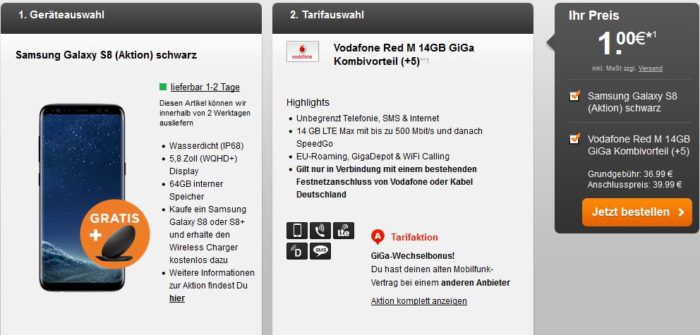 Knaller! Vodafone Red M Gigakombi mit 4GB LTE für 31,99€ mtl. + Samsung Galaxy S8 (oder iPhone 7) nur 1€   nur Vodafone DSL oder KD Kunden!