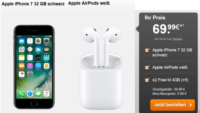 iPhone 7 + Apple AirPods + O2 Free M Allnet Flat mit 6GB LTE Daten + SKY Ticket 6 Monate für 42,90€